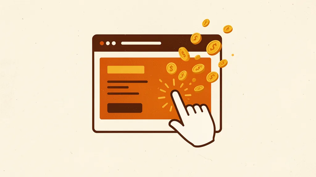 Illustration of a cursor clicking a website ad with gold coins bursting out